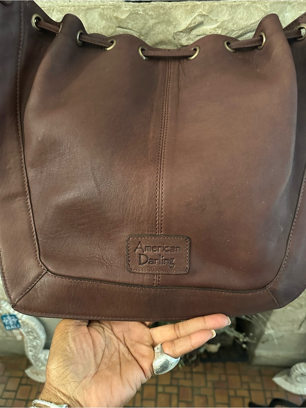 NWT American Darling Brown White Cowhide Drawstring Shoulder hobo Bag MSRP $198 - Picture 5 of 9